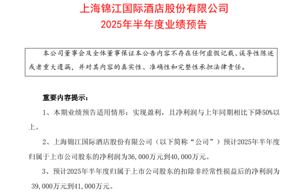 万利配资 锦江酒店2025年上半年净利润同比“腰斩”